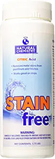 Stain Free Citric acid product ideal for treating stains to vinyl liner and fiberglass pool surfaces Recommended Dosage is 1 pound per 10,000 gallons; does not create any residual phosphates in your pool water Use with Natural Chemistry's Metal-Free for the ultimate stain-fighting combination