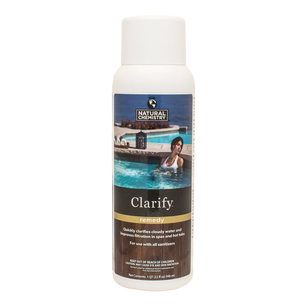 Natural Chemistry Clarify A clarifier made from recycled crab shells. Clarify is compatible with all sanitizing systems and spa surfaces. Best of all, this product is biodegradable and environmentally safe. ELIMINATES CLOUDS: High-quality chitosan to quickly eliminate cloudiness providing water clarity UNIVERSAL: Compatible with all high sanitizer levels and spa surfaces ANYTIME: Can be used at the same time as shocking your spa or hot tub