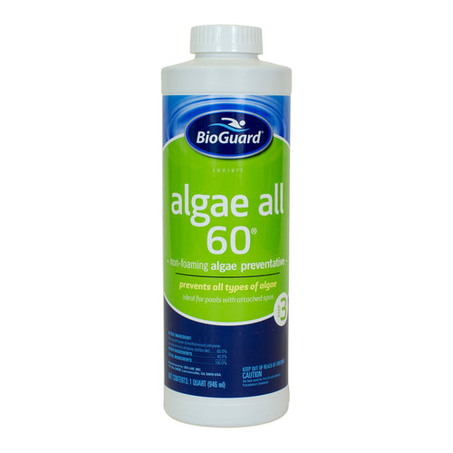 BioGuard Algae All 60 is a highly effective algae preventative.  This product treats stubborn algae growths in chlorine or bromine pools. It is formulated to be non-foaming and non-staining. This product is effective on all types of algae and works in all pH ranges. Algae All 60 has an added benefit of working without affecting pH level. Algae All 60 is recommended by the manufacturer for use with pools with attached spas or jetted returns.