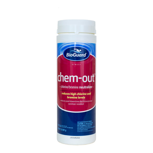 BioGuard ChemOut  Eliminates chlorine, bromine, or hydrogen peroxide deposits in pool water.