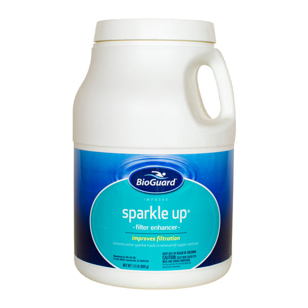 BioGuard Sparkle Up Works with your filter to remove tiny particles of suspended dirt, plaster, dust and more Restores water sparkle, keeps water clear Aids in removal of copper and iron to prevent metal staining For use with all filter types